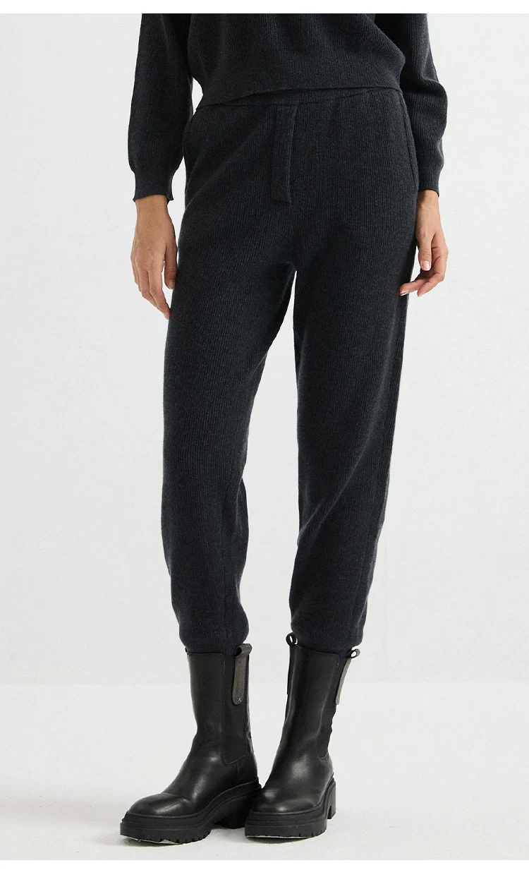 BD3621776 Damen 100% Wolle Englische Rippstruktur Schmal Geschnittene Hose Elastischer Bund Kontrast-Tasche Kettenbesatz Zweifarbig Frühherbst – Detail 7