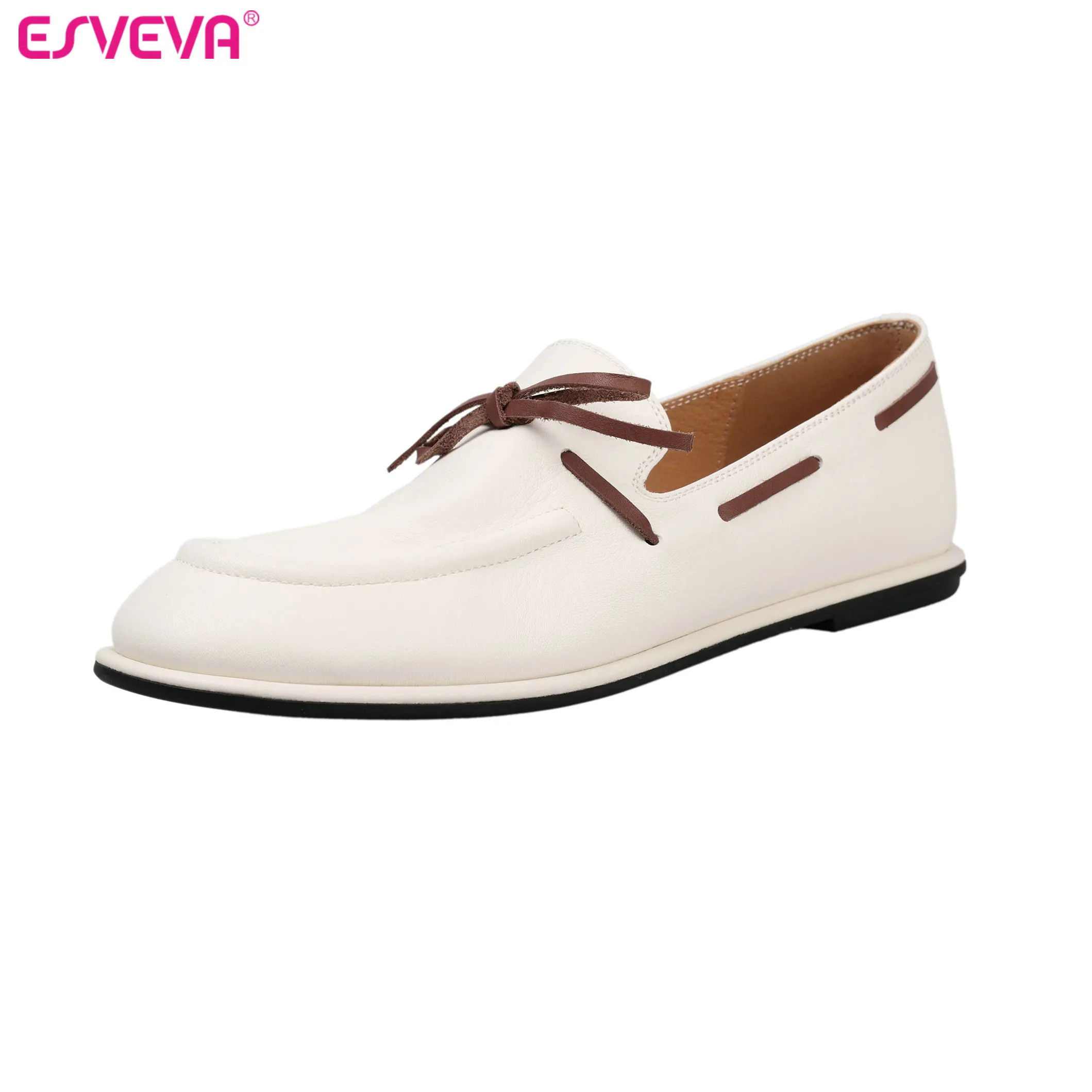 

ESVEVA Fashion News Women Flats Shoes Woman Spring Cow Leather Casual Shoes Slip-on Bow Round Toe Loafers Ladies Shoes 34-40