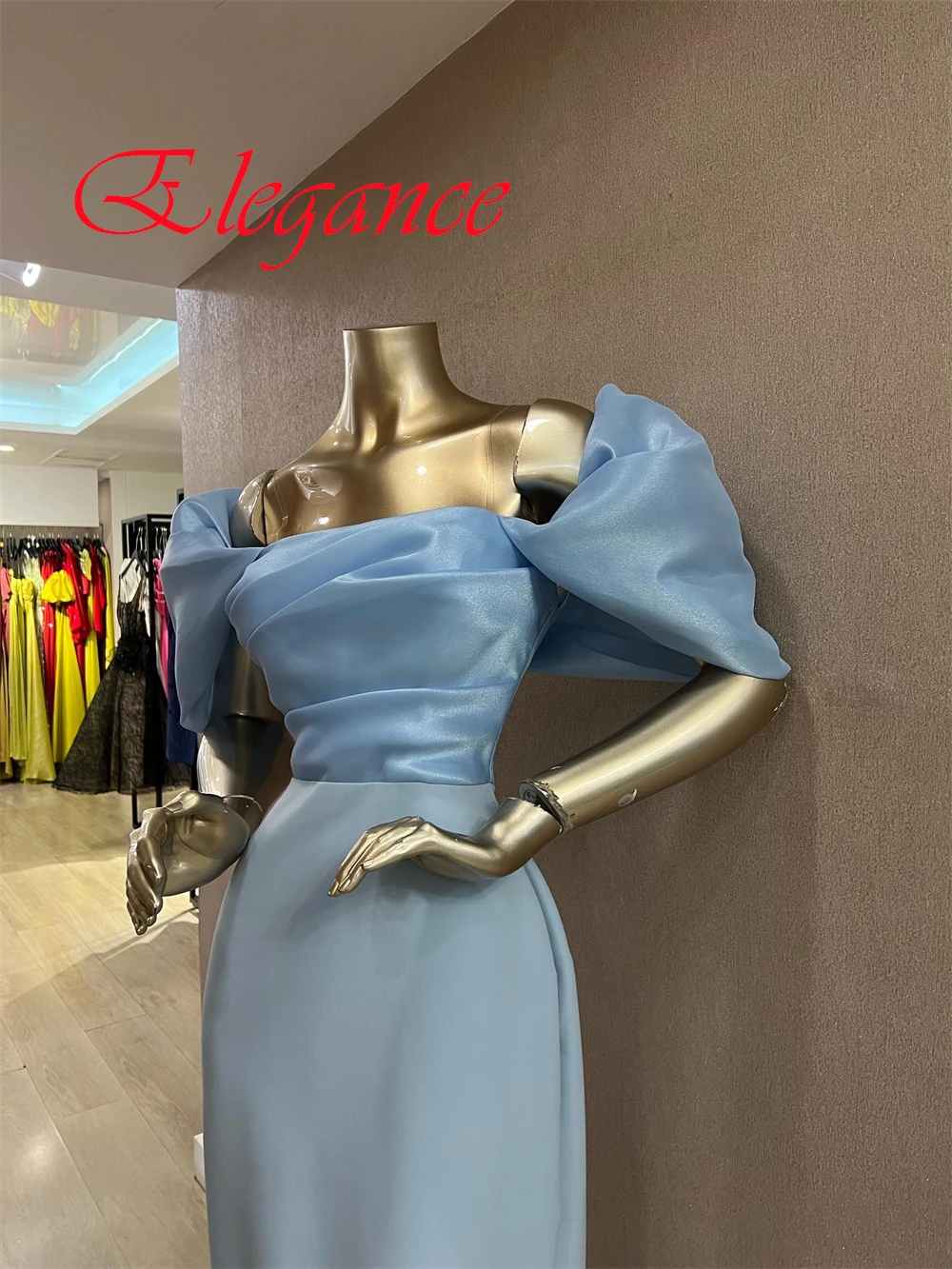 Customized  Graceful Light Blue Jersey Evening Dress Exquisite Strapless Off the Shoulder Short Sleeves Zipper Back Prom Dress
