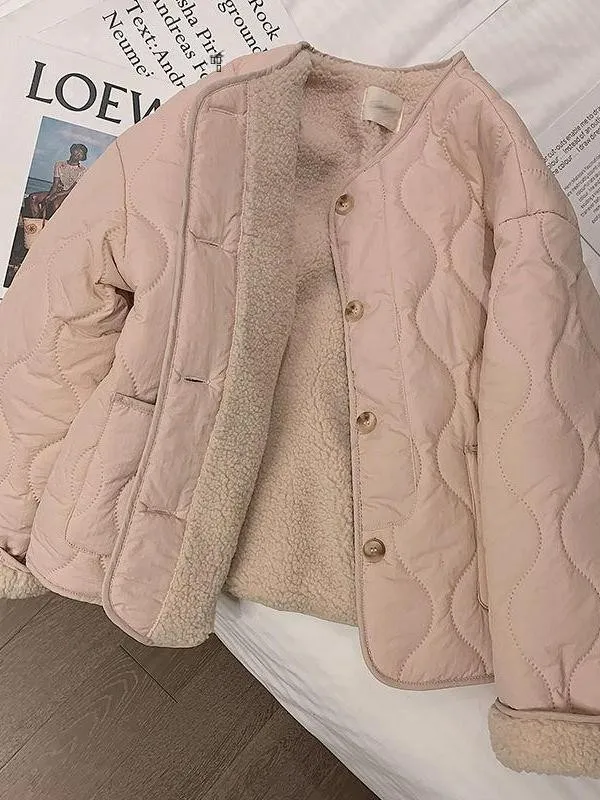 

Japanese Sle Thiened Lamb Velvet Cotton Jaet Women's Large Size Faionable Versatile round Ne Outerwear Coat