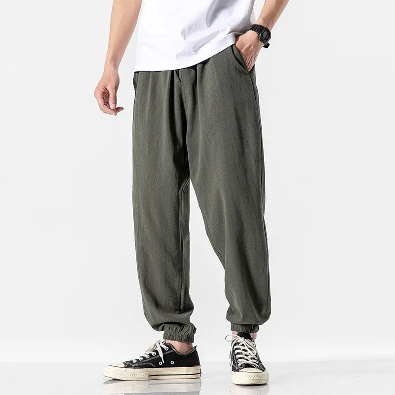 

Men's Casual Cotton Linen Trousers Spring Summer Big Size Loose Fit Fashionable Drawstring Pants Straight Leg Neutral Style
