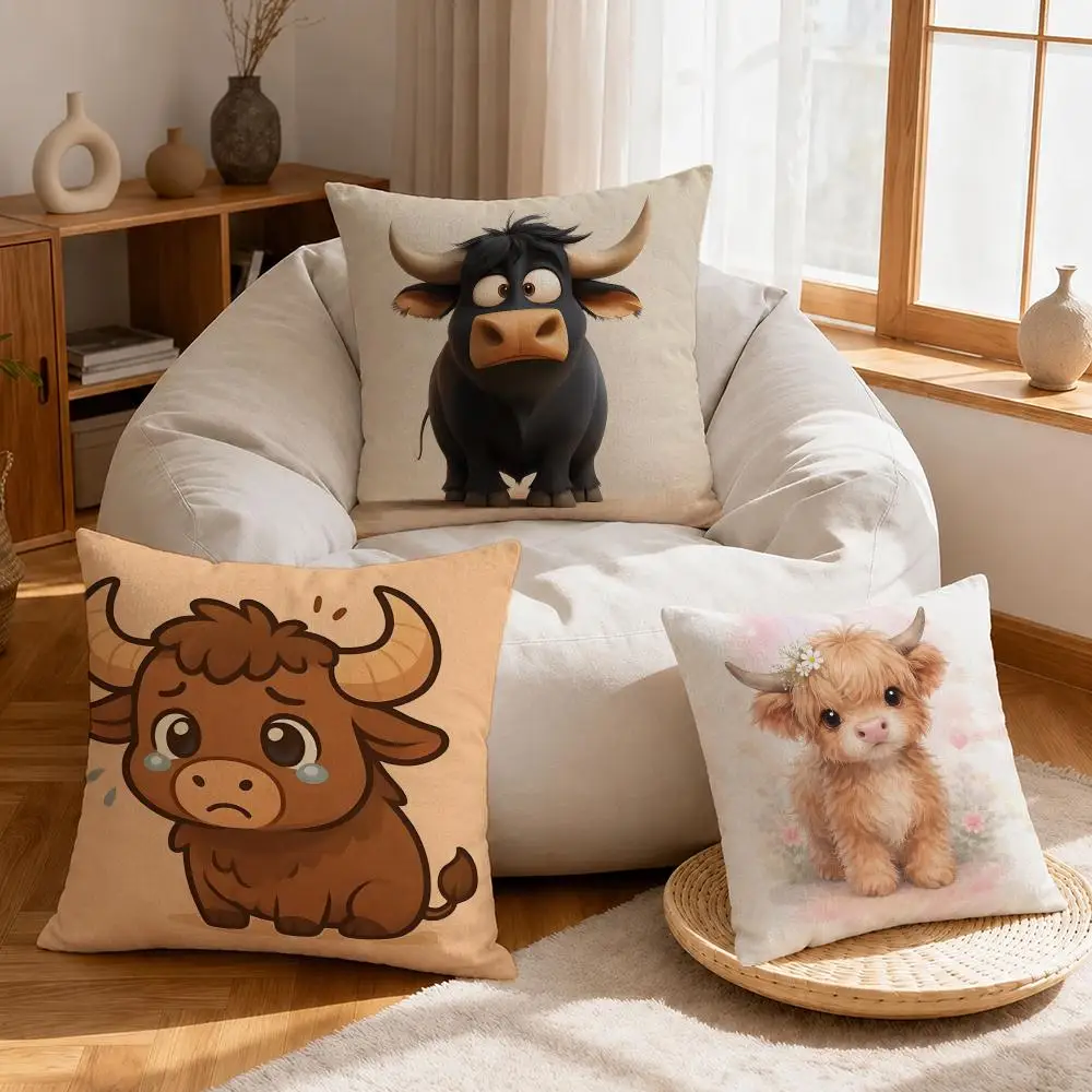 Animal Highland Cow Cushion Cover Linen Anti‑mite Antibacterial Cushion Cover Invisible Zipper for Couch Living Room