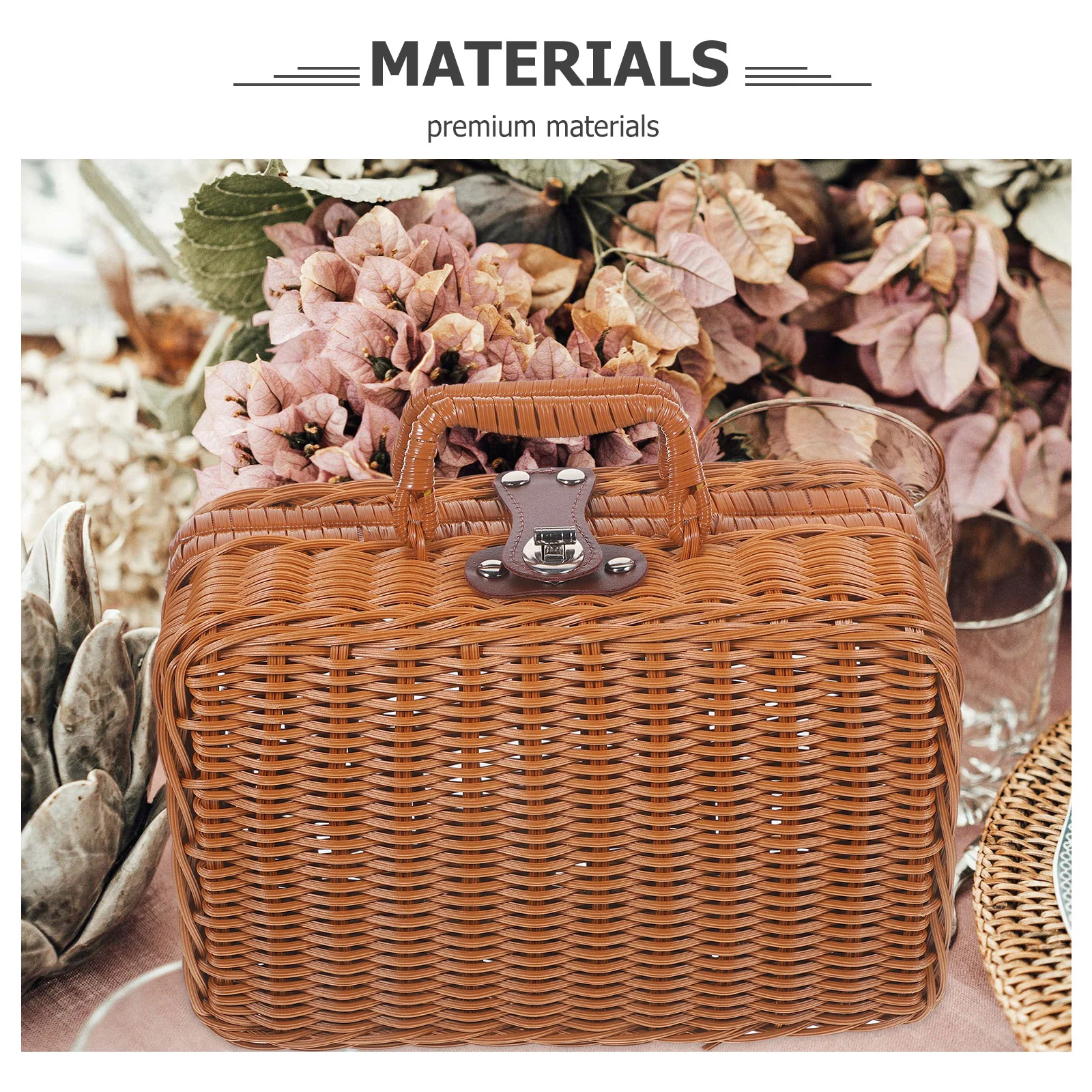 Portable Picnic Baskets Imitation Rattan Suitcase Storage Bins with Lids Simulated Handwoven Hamper Vintage Retro Basket Wicker