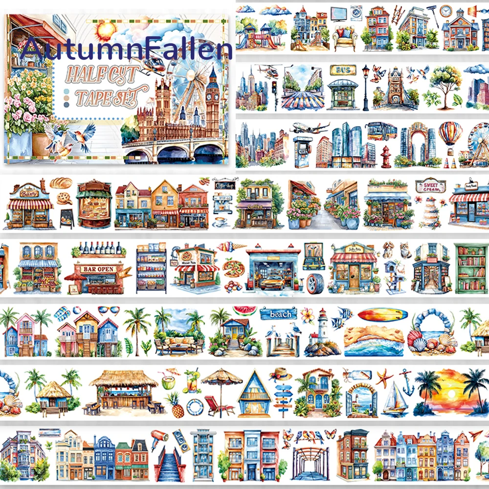 4Pcs/Set Matte Beach PET Washi Tape Pre-Cut Urban Architecture Masking Tape for Stickers Scrapbooking Journal Collage Material