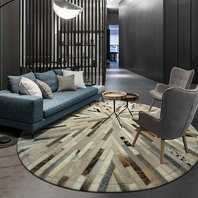 

Round Carpet Natural Cow Hide Living Room Rug Nordic Ins Dining Table Round Area Rug Study Chair Floor Mat Handmade Cowhide Mat