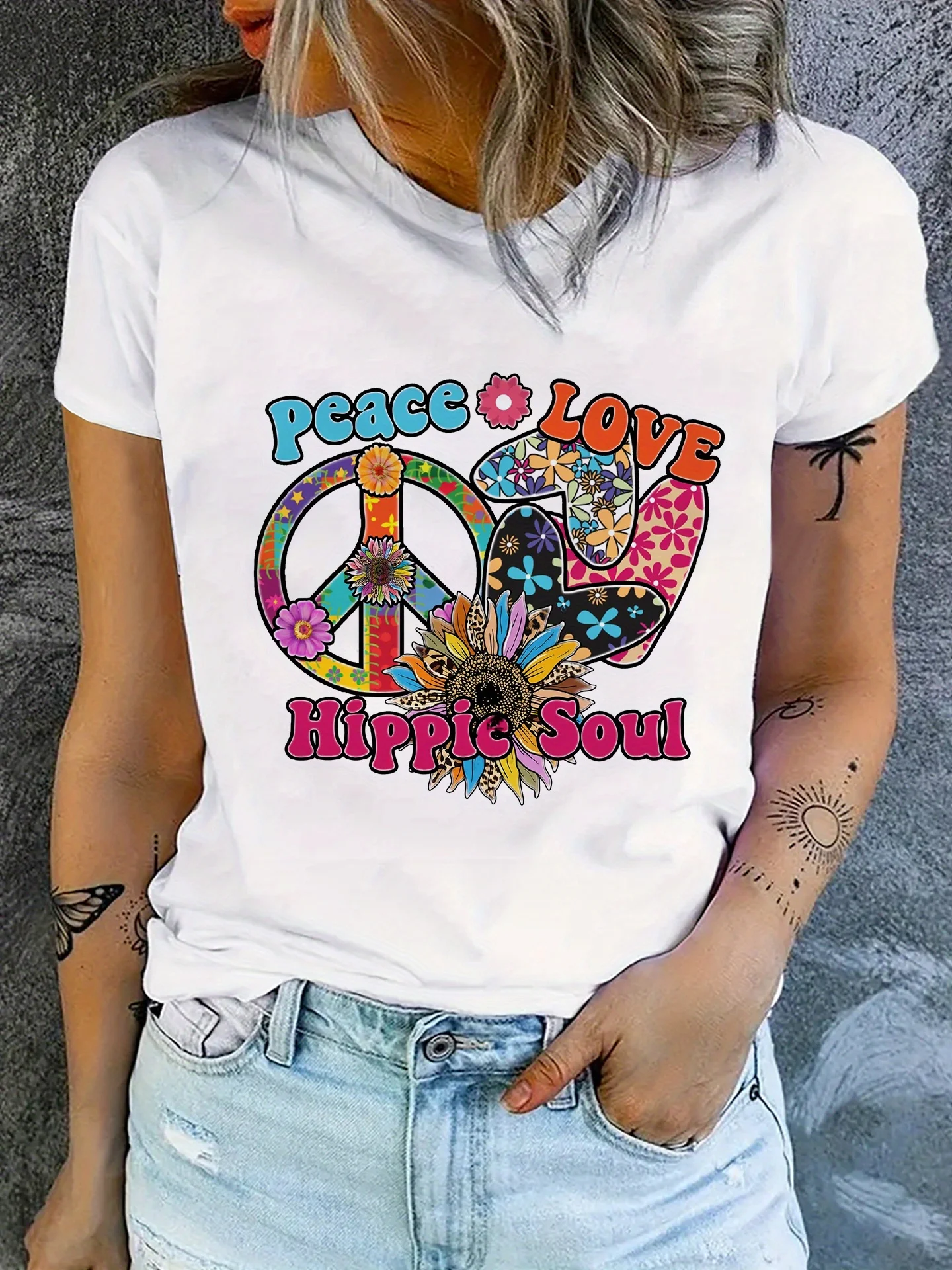 Camiseta feminina com estampa de paz amor hippie soul – estampa psicodélica retrô manga curta gola redonda verão casual