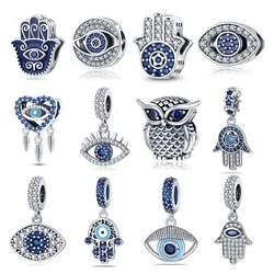 Hot Sell 925 Silver Color Sparkling Blue Demon Eyes Fatima Hand Charms Fit For Pan Original Bracelet DIY Fine Jewelry Making