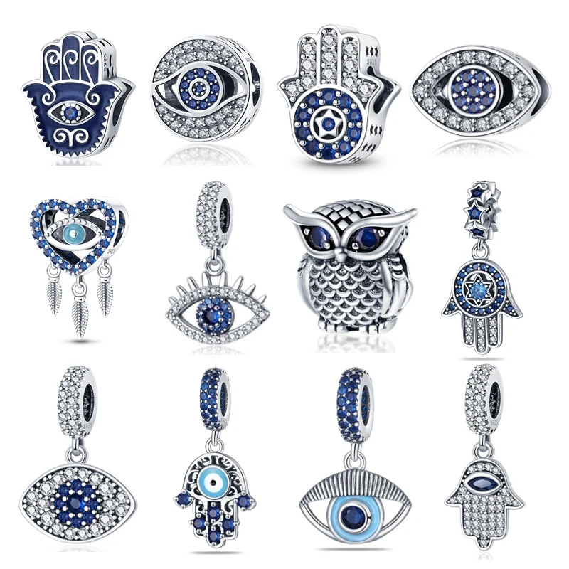Hot Sell 925 Silver Color Sparkling Blue Demon Eyes Fatima Hand Charms Fit For Pan Original Bracelet DIY Fine Jewelry Making