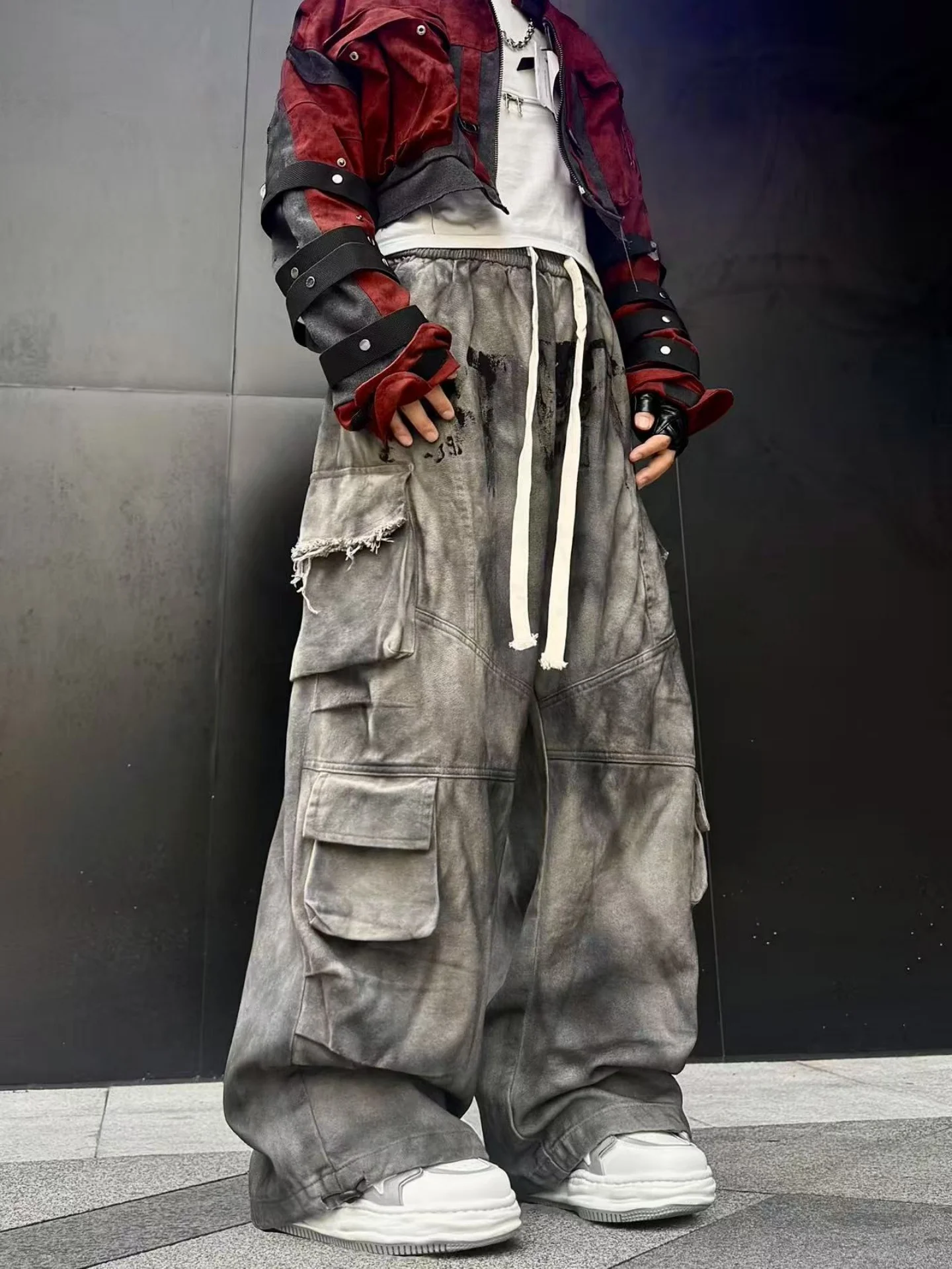 

Waste Soil Style Distressed Burr Graffiti Overalls Men's Heavy Industry Hip Hop Pocket Wide-Leg All-Matching Casual Pants