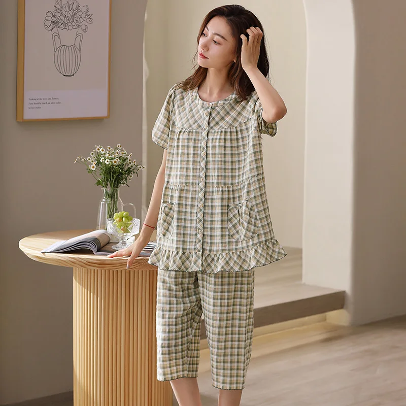 

Summer Plaid Women Pajamas Short Sleeve O-Neck Cardigan Casual Tracksuit Female Woven Cotton Sleepwear Suit Big Yards Homewear
