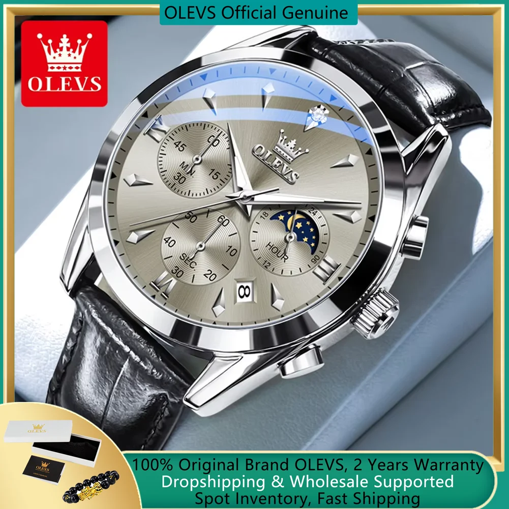 

OLEVS Original Quartz Watch for Men Luxury Top Leather Strap Waterproof Moon Phase Chronograph Sports Wristwatch Auto Date Clock