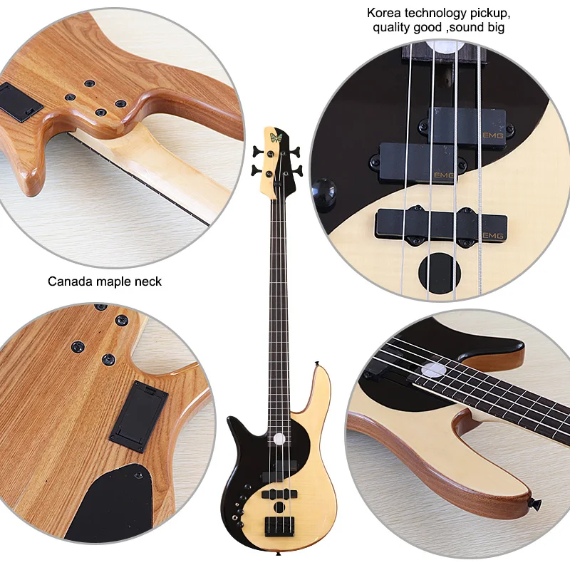 

Left Hand Active 4 String Bass Guitar Maple Hickory Wood Black & White Color Electric Bass Guitar Fretless with fret line