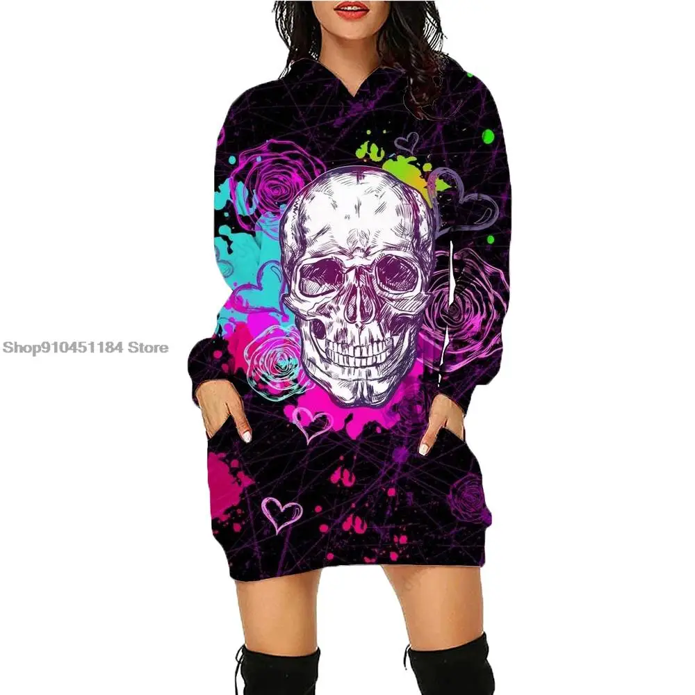 3D Print Skull Pattern Women Long Sleeve Pullovers Fashion Medium Length Hoodie Winter Casual Comfortable Womens Hooded Dress