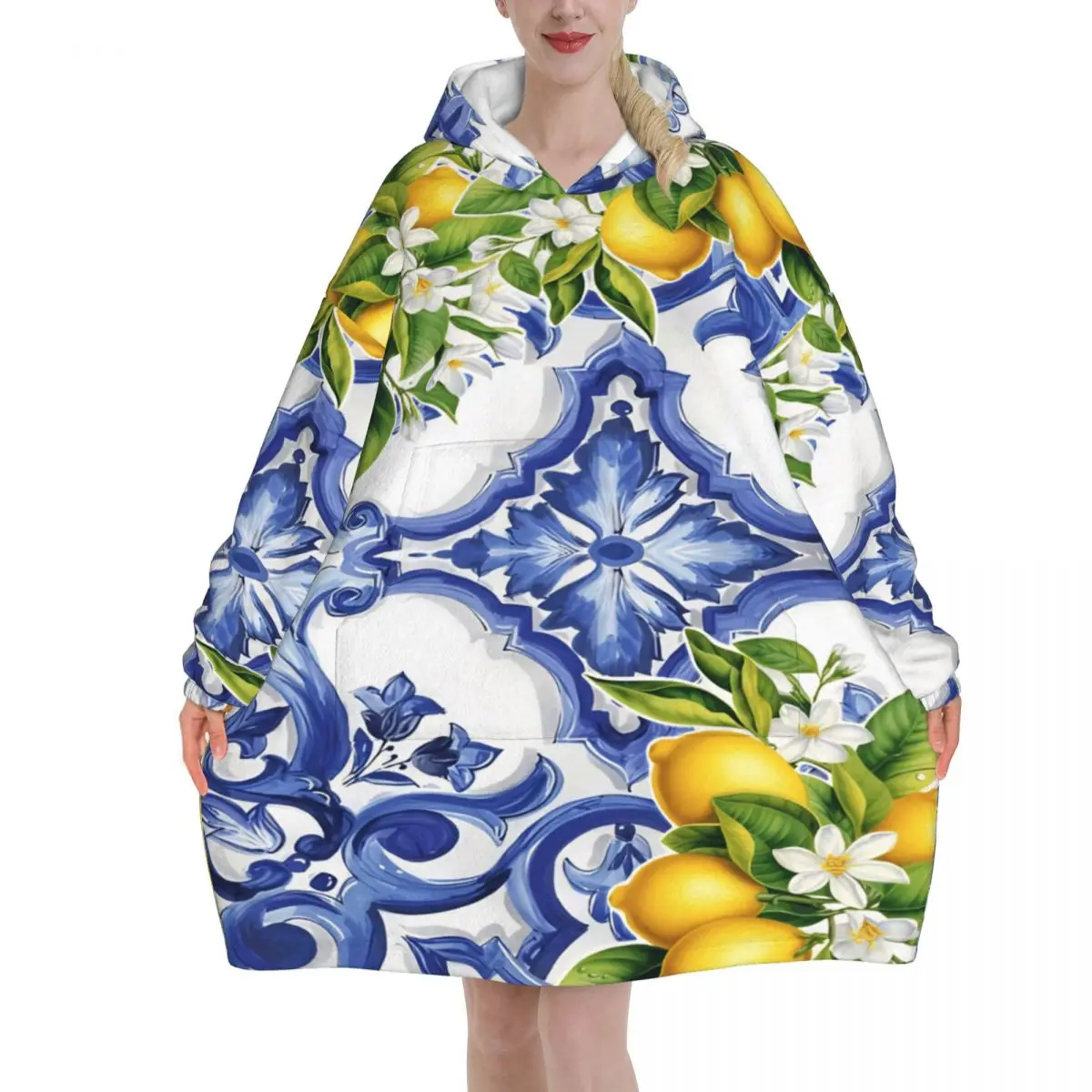 Lemon Sicily Rectangle Wearable Blanket Hoodie for Women Men Oversized Sweatshirt Blanket with Pocket