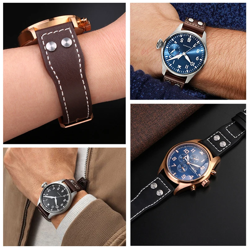 21mm 22mm Genuine Leather Watch Band for IWC PILOT Mark IW500916 Cowhide Strap Bamboo Grain Rivets Watchband Brown Black Blue