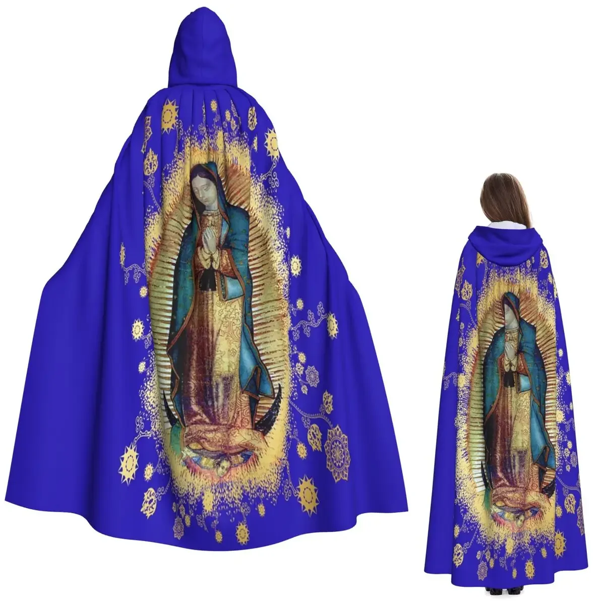 Custom Our Lady Of Guadalupe Mexican Virgin Mary Mexico Tilma Long Hooded Cloak Witch Medieval Costume Cosplay Cape HalloweenPar