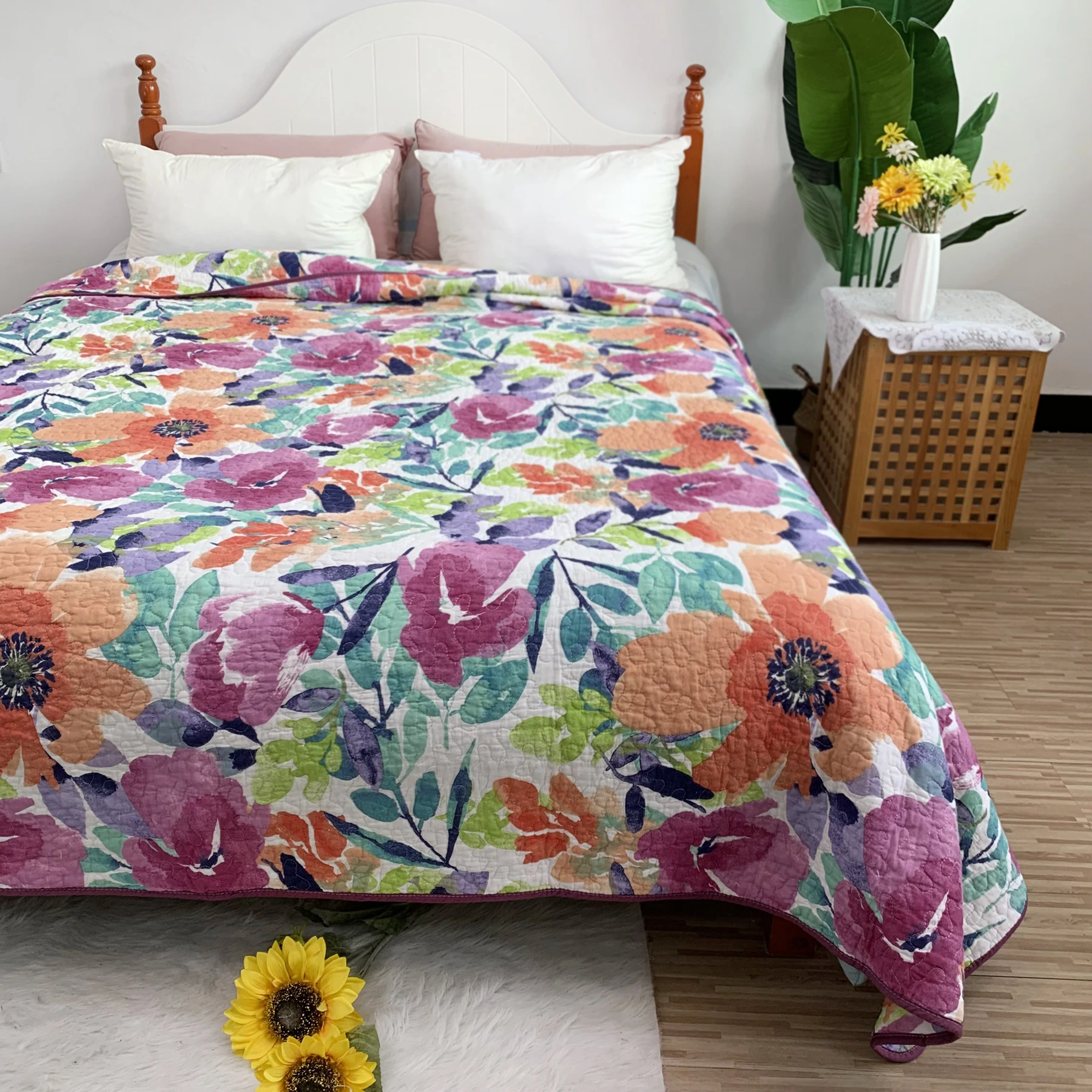 Pastoral Style Cotton Bedspread Bedsheet Quilted Bed Cover Non-Slip 200x230cm Warm Blanket Quilt Coverlet for Cozy Bedding