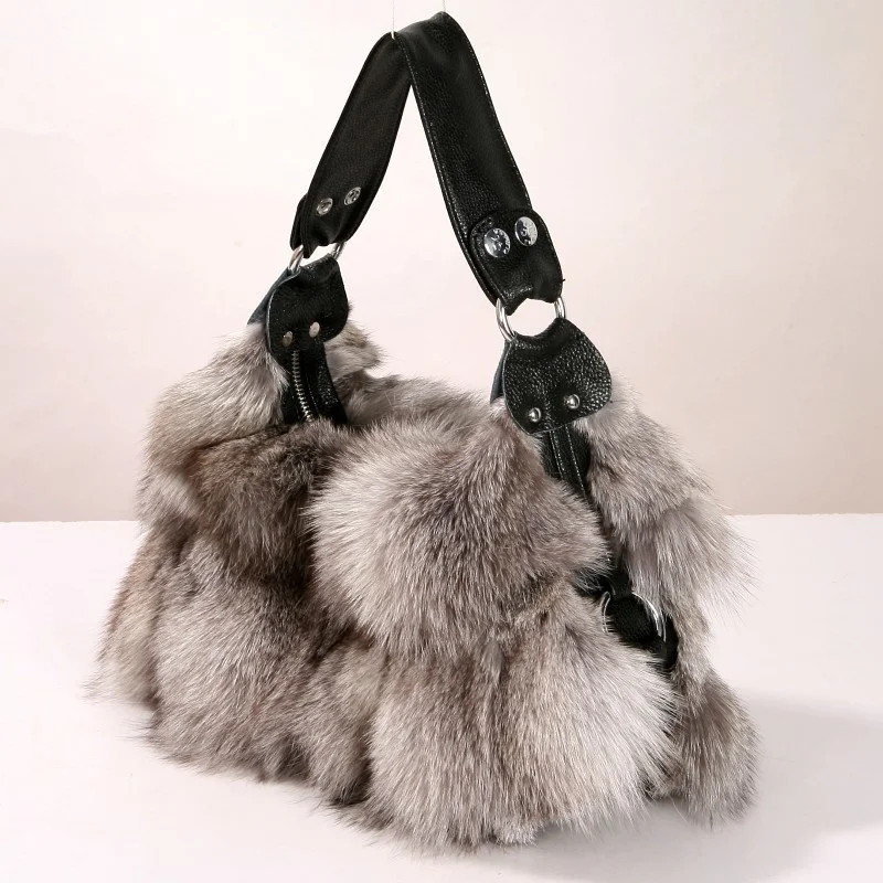 Winter Fox Fur Bag Women\'s Fur Bag Fashion Fur Handbag Ladies Bags Purses Women Shoulder Bag Real Silver Fox Fur Messenger Bags