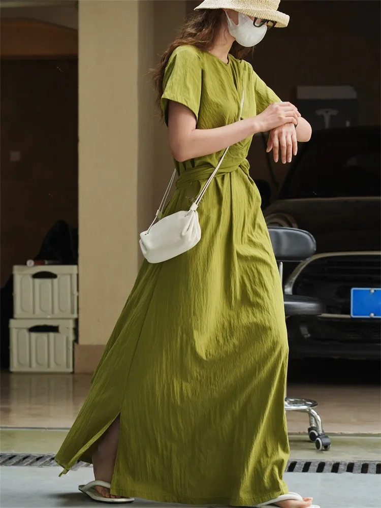 HanOrange 2024 Summer Temperament Cross Tie Waist Dress Slim Fit Long Dress Chou-heung Green