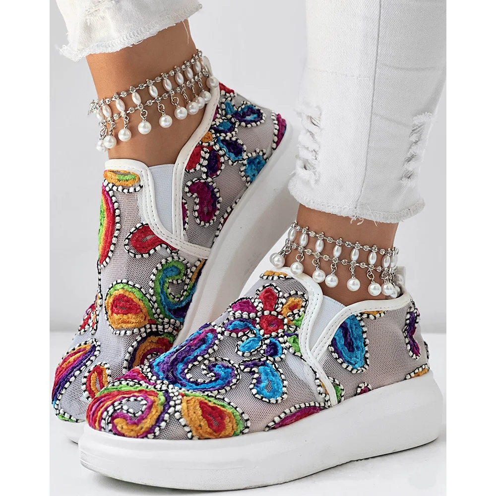 

Fashion Women Bohemian Embroidered Sneakers Rainbow Floral Paisley Slip On Thick Platform Loafers Comfortable Casual Shoes