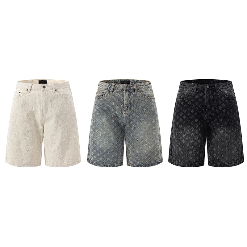 Été luxe qualité rétro coton hommes Denim Shorts Hip Hop INS rasage ample Jacquard haute rue Y2K jean pantalon grande taille 5XL