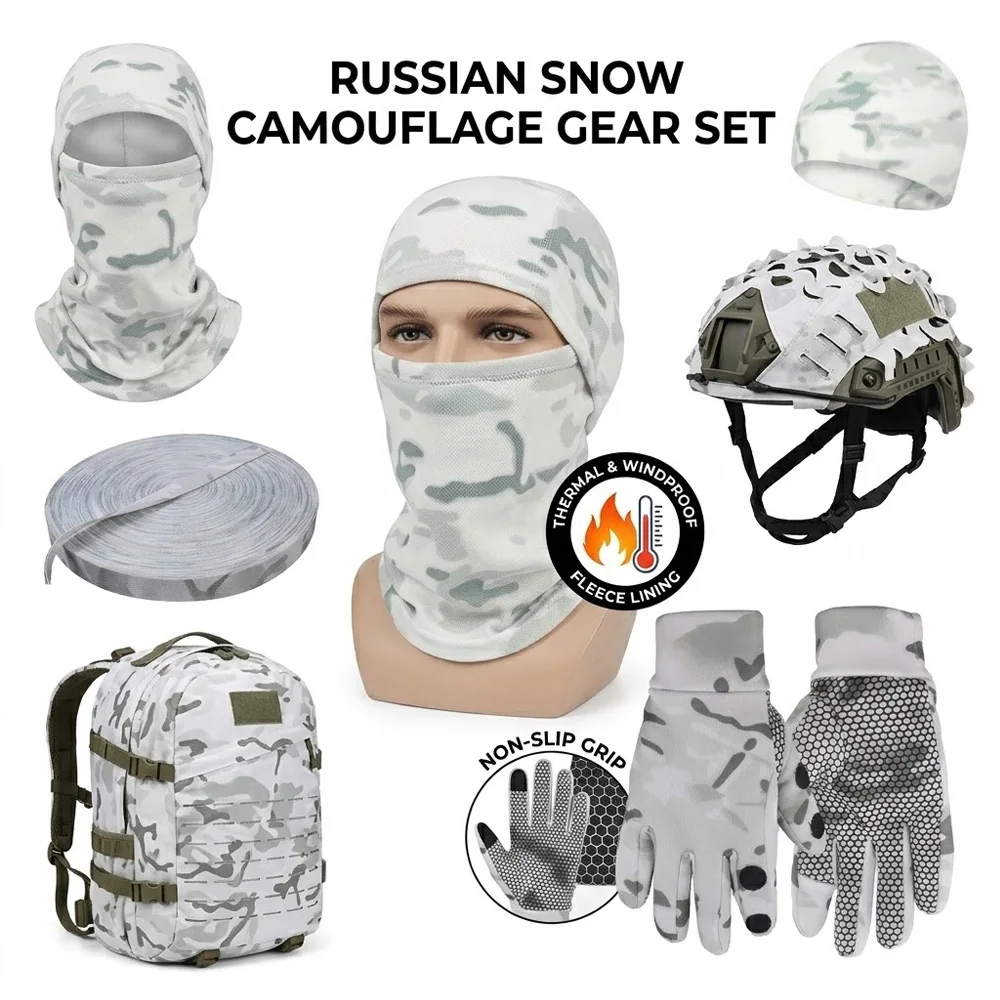 Russian Snow Camo Tactical Gear Set Winter Camouflage Gloves Balaclava Neck Gaiter Helmet Cover Hunting Military Outdoor Weather