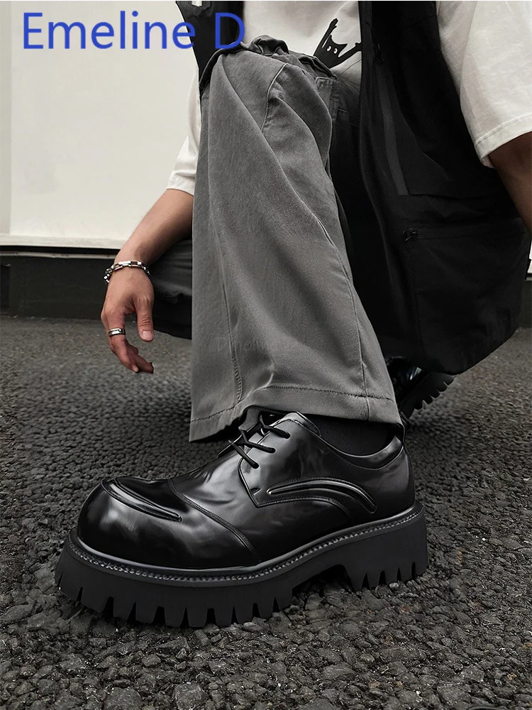 Big Head Leather Shoes Men's Personality British Style Versatile Lace Up Round Toe Low Heel Casual and Fashionable Derby Shoes