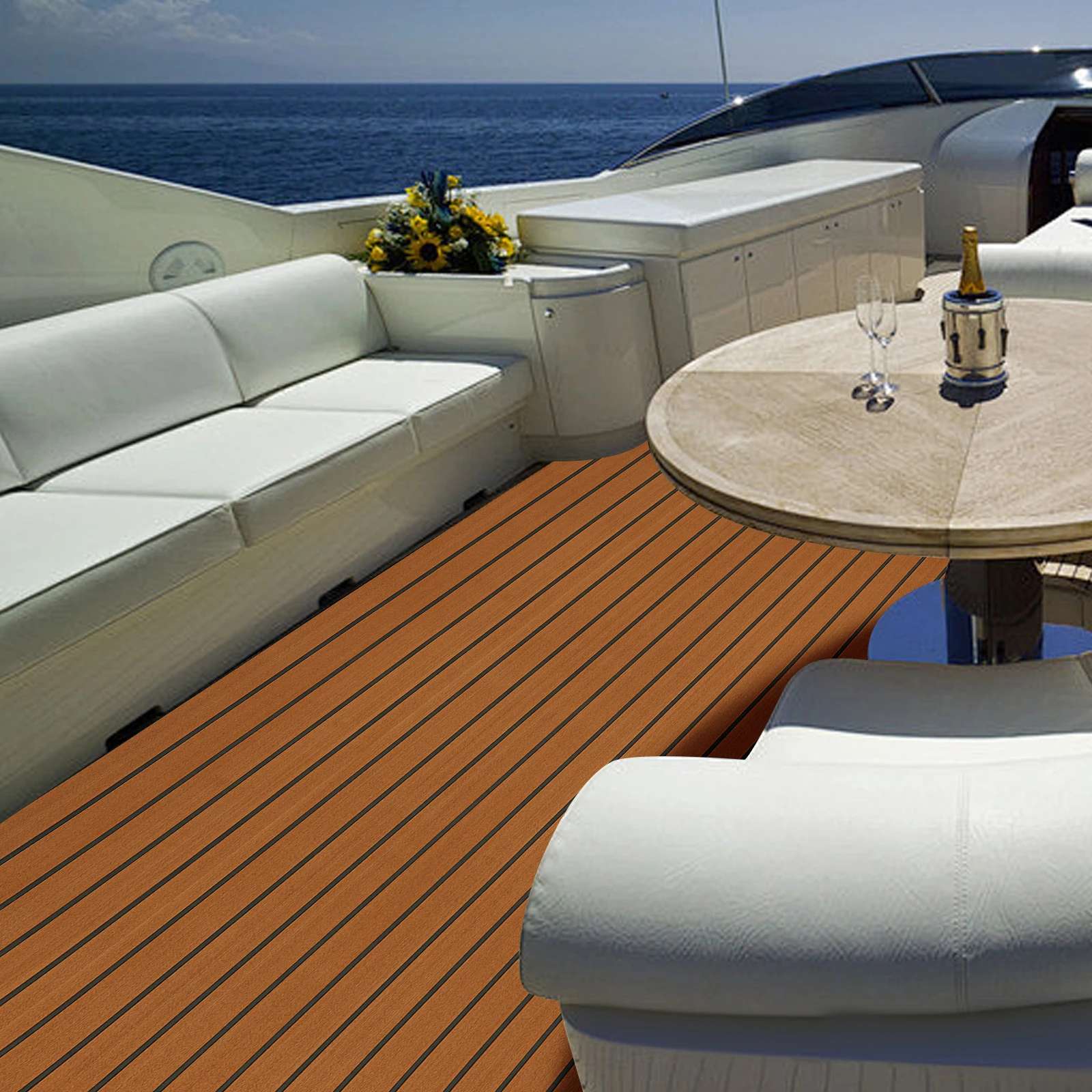 

EVA RV Anti-Slip Mat, 240*90cm Teak Floor Mat Brown with Black Stripes 6mm Thick Self-Adhesive