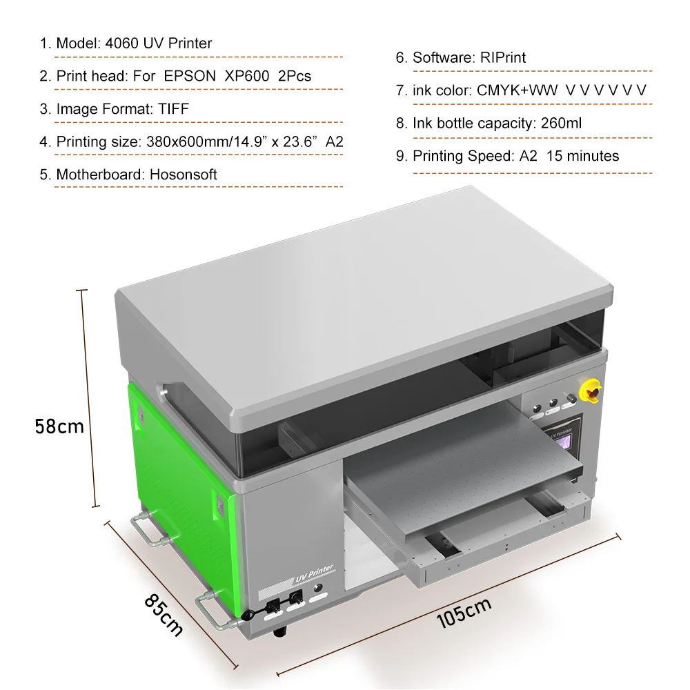 A2 UV Printer with Dual XP600 Printer Heads UV Flatbed Printer A2 UV Varnish Printer White Ink Stir A2 4060 UV Printing Machine