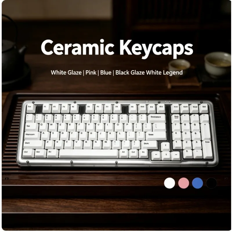 Uninido Ceramic Keycaps Full Set White with Black Characters Regular Engraving Backlit Shiny Glaze for Mechanical Keyboard