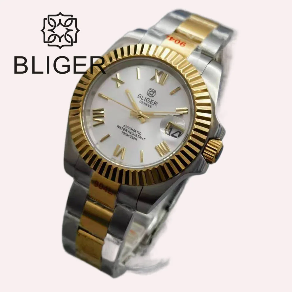 BLIGER 36mm/39mm NH35A Automatic Watch For Men Two-tone Gold Roman Number Indices Jubilee Bracelet Sapphire Glass Fluted Bezel