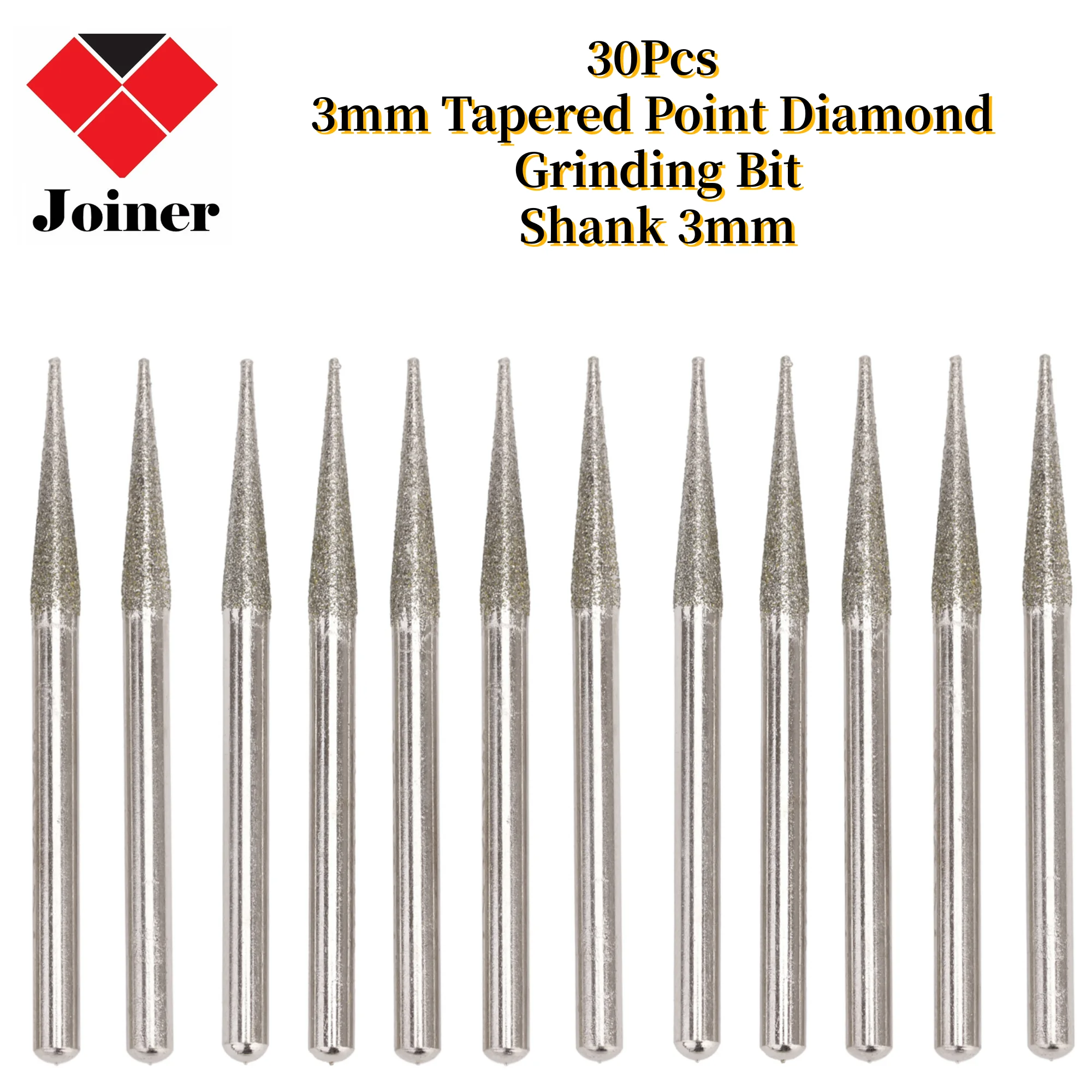 30Pcs 3mm Tapered Point Diamond Grinding Bit 1/8