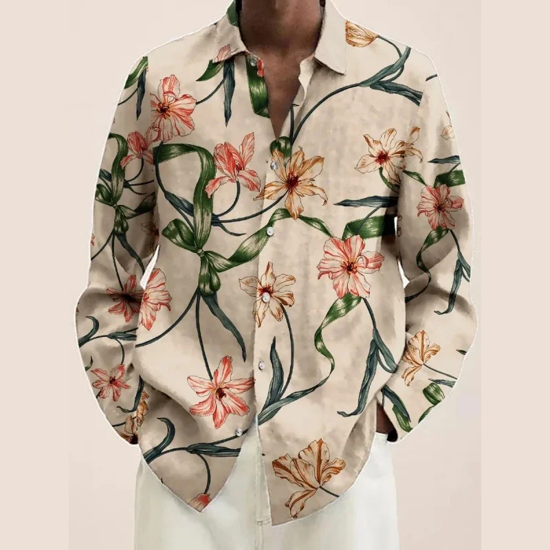 Men's Autumn Plant Flower Natural 3D Printed Shirt Long Sleeve Lapel Shirt Business Casual Vacation Outdoor Top Shirt Gift