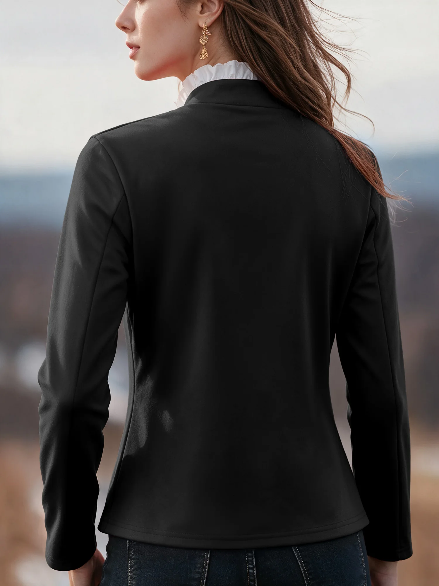 Women Business Casual Stand Collar Open Jacket Long Sleeve Solid Slim Non-closure Blazer