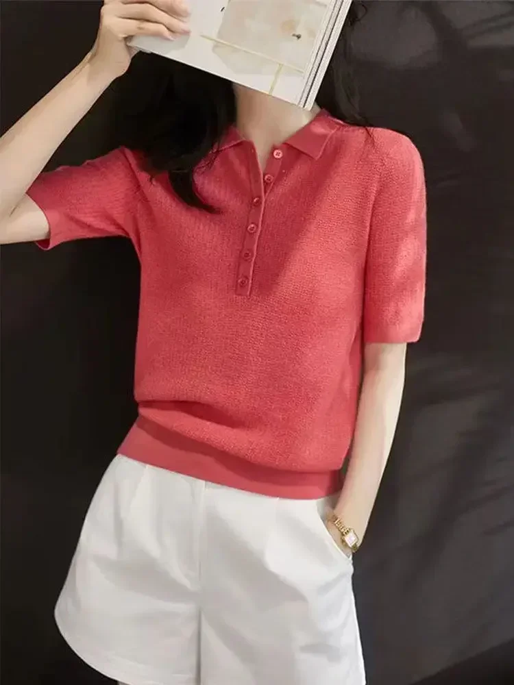 Polo Neck Shirt For Women Plain Button Woman T Slim Women's Clothing Trend 2024 High Quality On Offer Wholesale Youth Korean