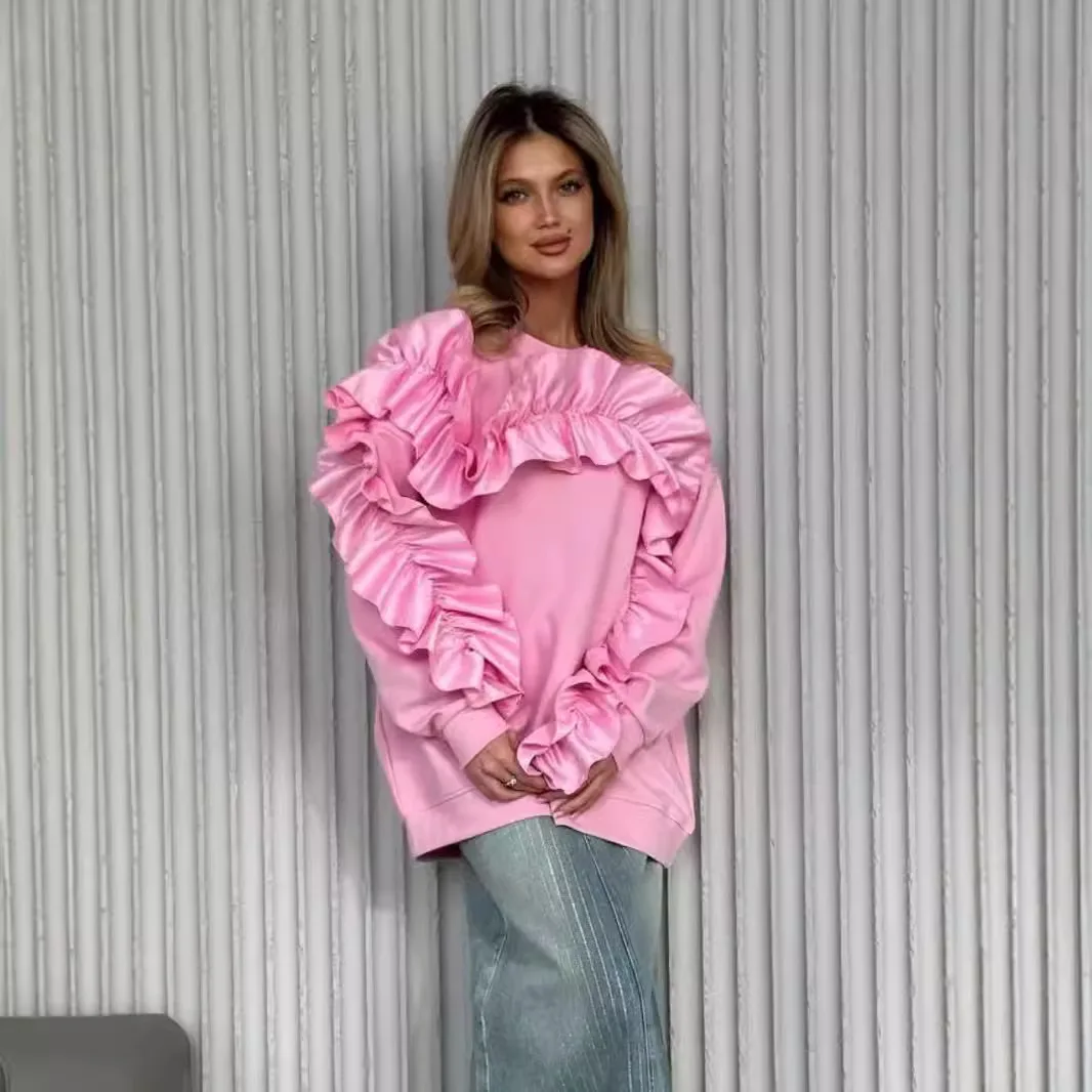 Nowa, uniwersalna, luźna bluza na jesień i zimę 2025 z trójwymiarowymi zdobieniami w stylu retro-chic, ciepła.