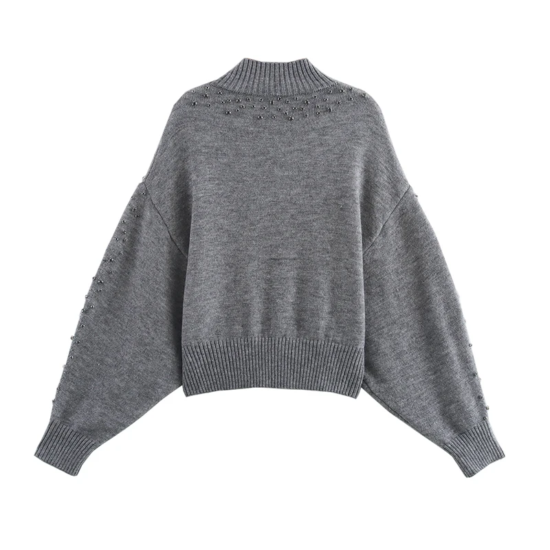 YENKYE Women Casual  Turtleneck Long Sleeve Knitted Pullovers  Autumn Winter Beaded Appliques Gray Sweaters Female Knitwear