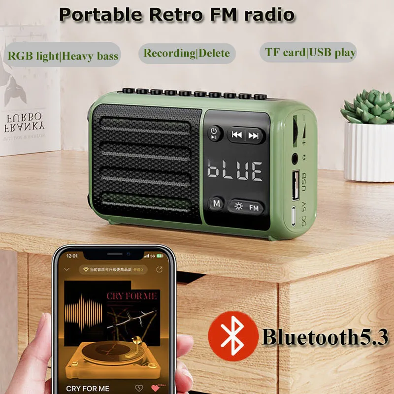 Mini Portable FM Radio RGB Light Retro Radios Receiver Heavy Bass Bluetooth 5.3 Speaker Soundbar Support Recording TF Card USB