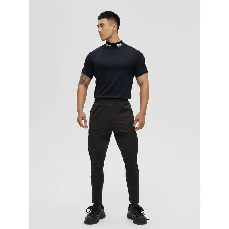 DROZENO Men's High Neck Sports Top Breathable Nylon Stretch Short Sleeve Fitness T-shirt for Active