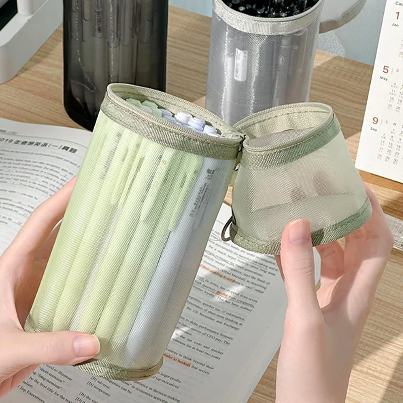 Standable Minimalist Transparent Mesh Pencil Case Large Capacity Flip-Top Solid Color Pen Holder Portable Stationery Storage Bag