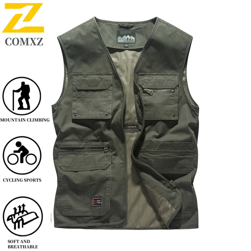 

2025 High Quality Cotton Cargo Vest Men's Fashion Large Pocket Sleeveless Jacket Street Retro Photographer Fishing Waistcoat Men