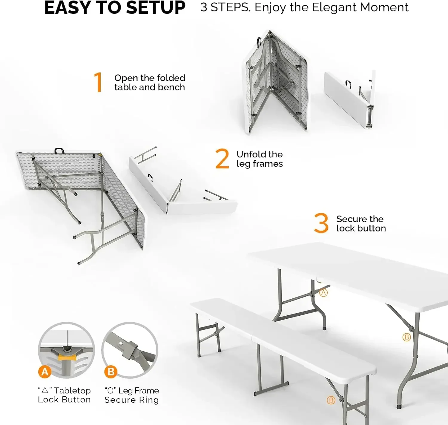 Picnic Table Set with 2 Benches, 6 Feet Camping Table Chair Set,3-Piece Folding Furniture , White