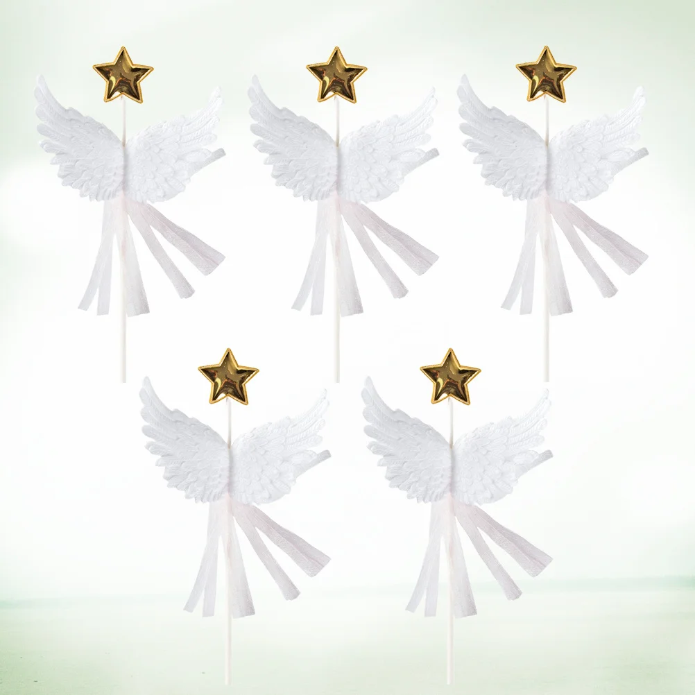 

5Pcs Star Ribbon Cake Picks Angle Wing Topper for Baby Shower Birthday Party Cupcake Decor Creative Picks