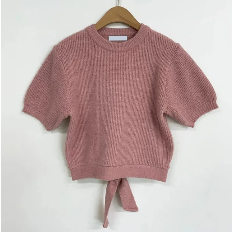 Thin O Neck Cropped Pink Sweaters Women Slim Short Sleeve Shirt Back Bow Bandage Tops Sueter Jumper Blouse Shirts Sweet