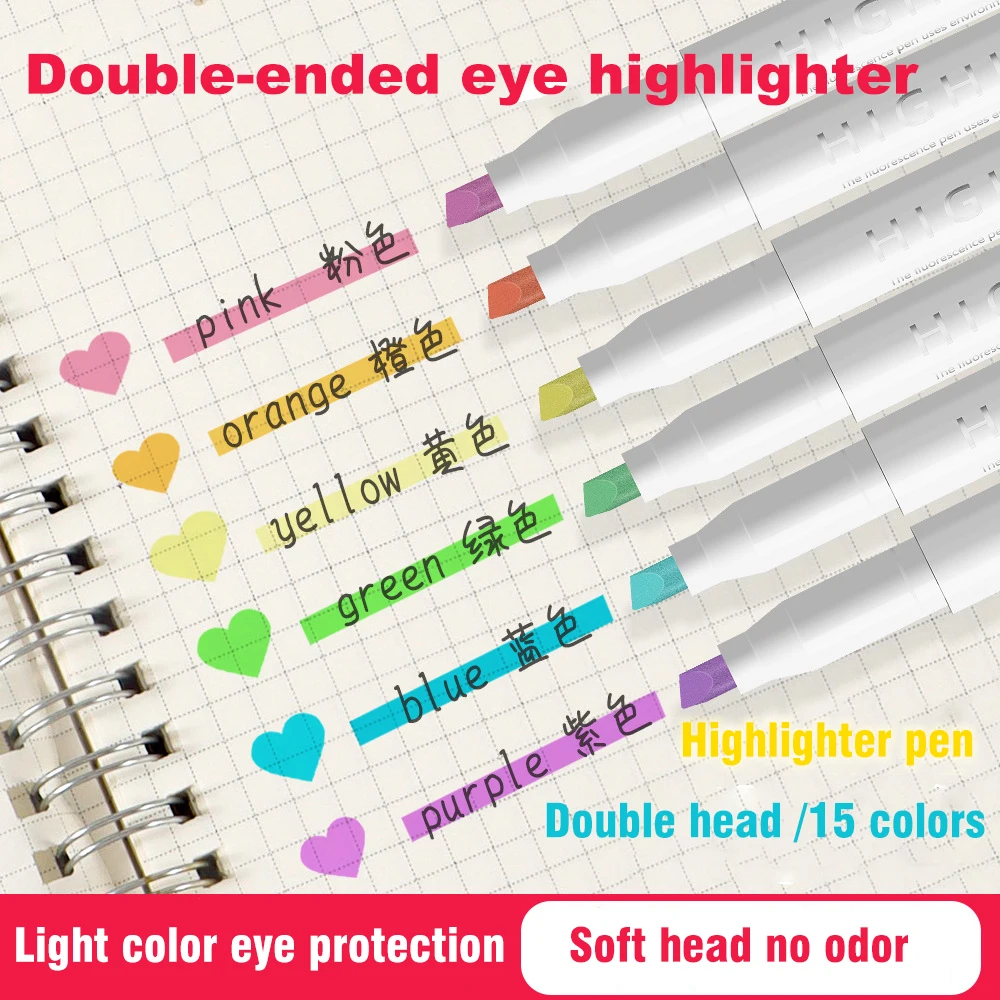 ﻿ 15 Colors Double Headed Highlighter Fluo Marker Set Art Drawing Pens Pastel Stationery Double Tips for Highlighting Coloring ﻿