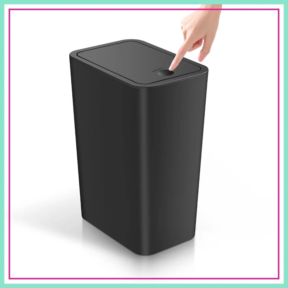 

4 Gallon Small Trash Can with Lid, Press Top Pop-Up Wastebasket for Bathroom, Bedroom, Office, Black