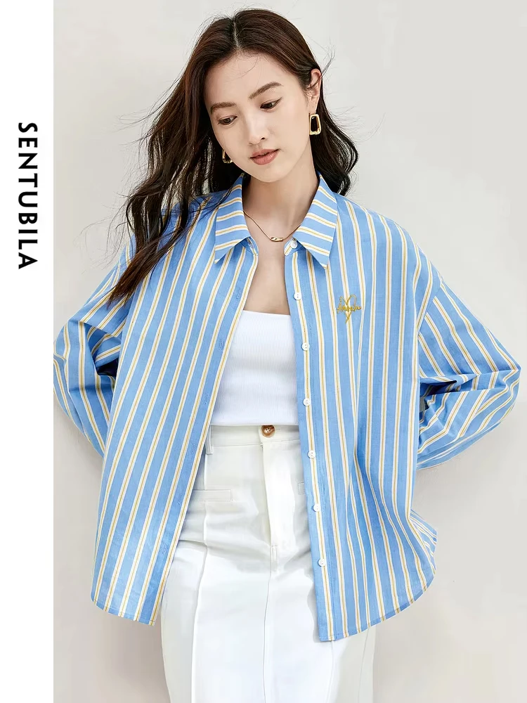 SENTUBILA Contrast Striped Casual Shirts for Women 2024 Autumn Cotton Embroidered Pattern Womens Long Sleeve Tops and Blouses