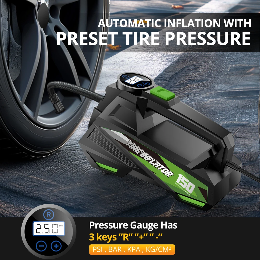 Carsun 12V Wired Compressor: Electric Inflator for Moto/Bike, Auto Inflation, Digital Display & Tire Pressure Monitor