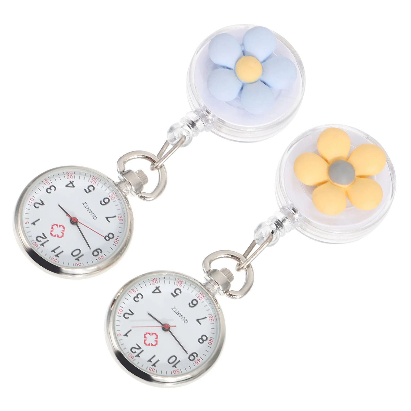2Pcs Flower Pattern Pocket Watch for Nurses Clip-on Hanging Nurse Watch with Quartz Movement Portable Medical Timepiece