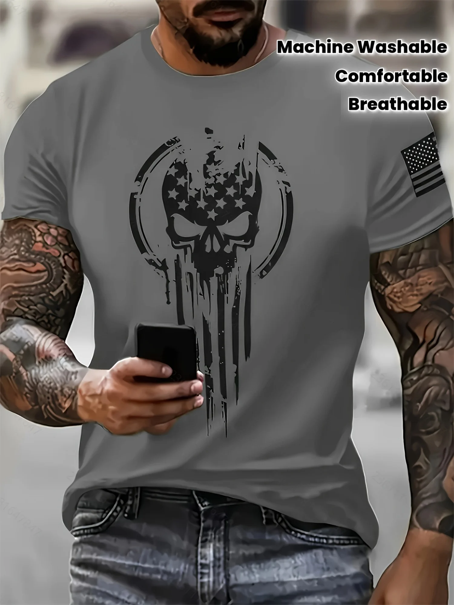 2026 New 3D Digital Skull Print Men's Muscle Shirt Street Style Short Sleeve Tee Gym Workout Casual Tops